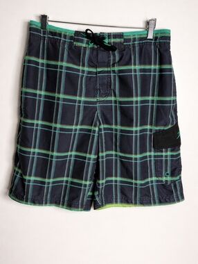 Men's Speedo Green and Black Plaid Swim Board Shorts, Size M